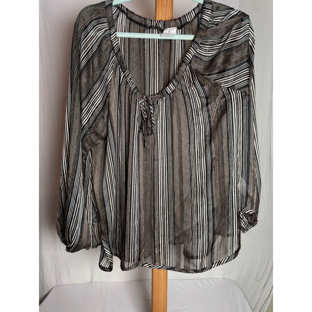 By Together‎ Sheer Striped Metallic Gold V-Neck Balloon Sleeve Blouse Womens S/M